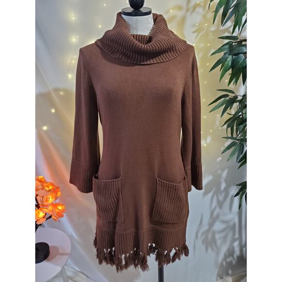 Soft Surroundings Montreux Cowl Neck Fringe Brown Sweater Dress Womens Size S - Picture 1 of 11